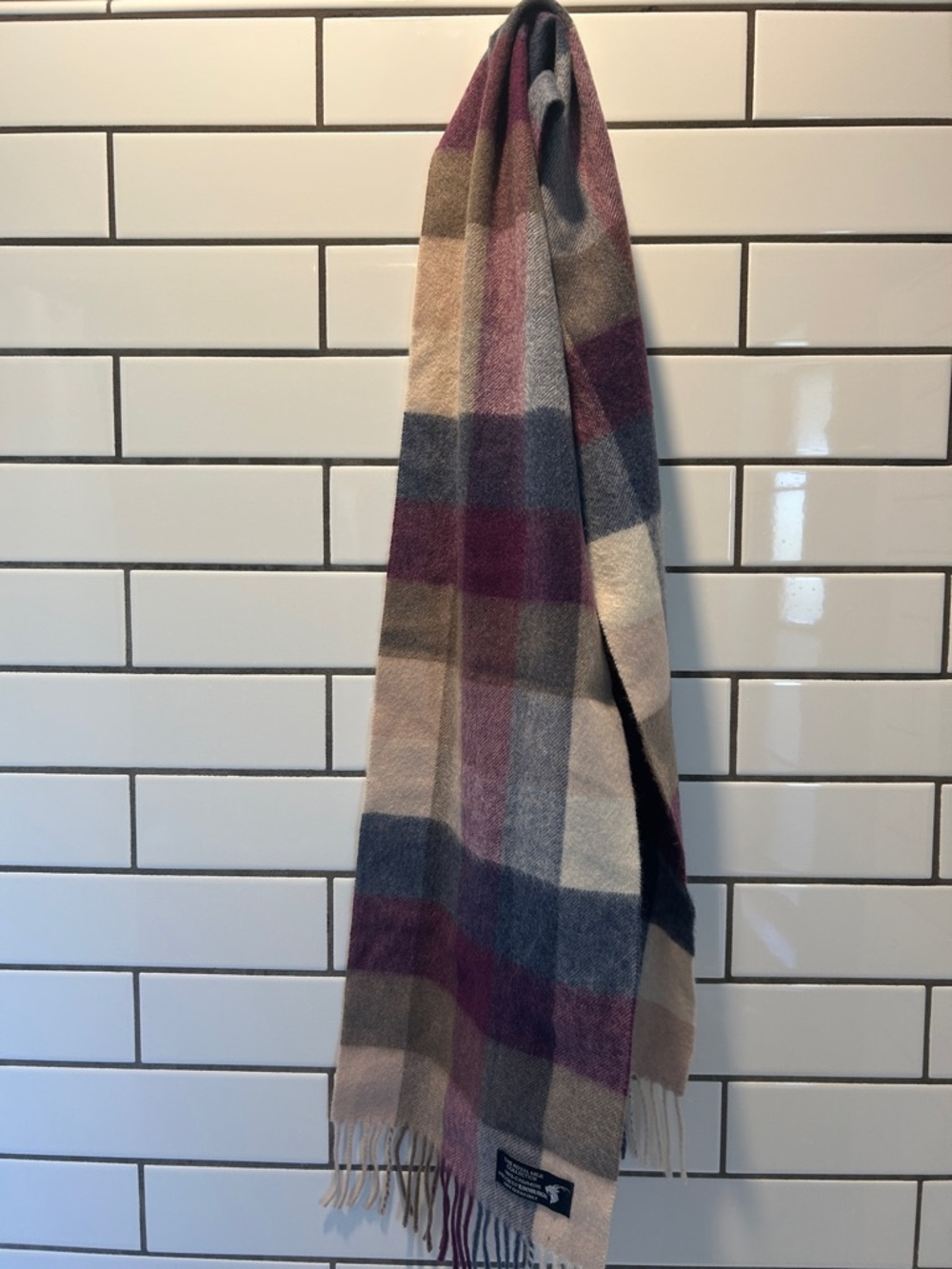 Plaid Wool Blend Fringe Scarf in Mauve, Navy & Cream
